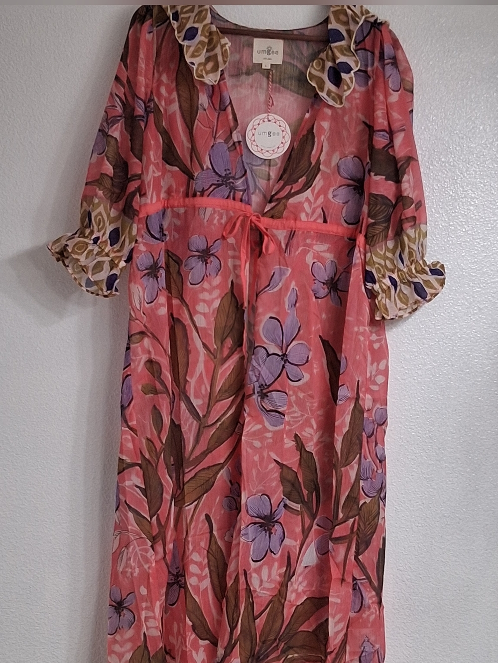 NWT Umgee Open Front Florsl Duster/Cover Up With Scalloped Collar    Size L